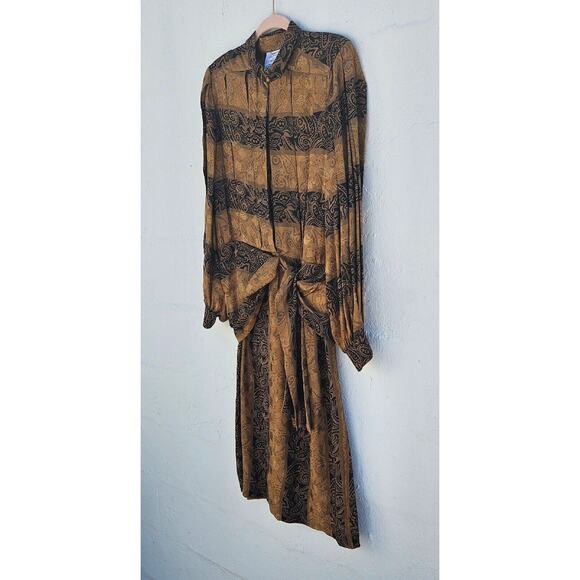 Vintage Francesca of Damon Dress Womens Size 14 Silk Gold Black Pleated Tie 80s - Picture 2 of 11